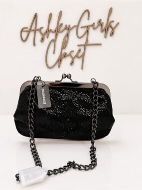 EXPRESS Black Sequin Evening Clutch Bag w/ Chain Strap NWT